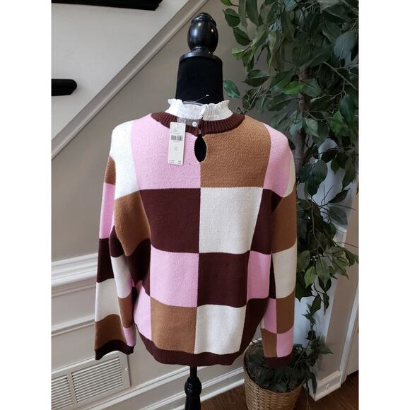 Women's Anthropologie Pink/Brown Checkered Pullover Sweater XL New - Picture 6 of 12